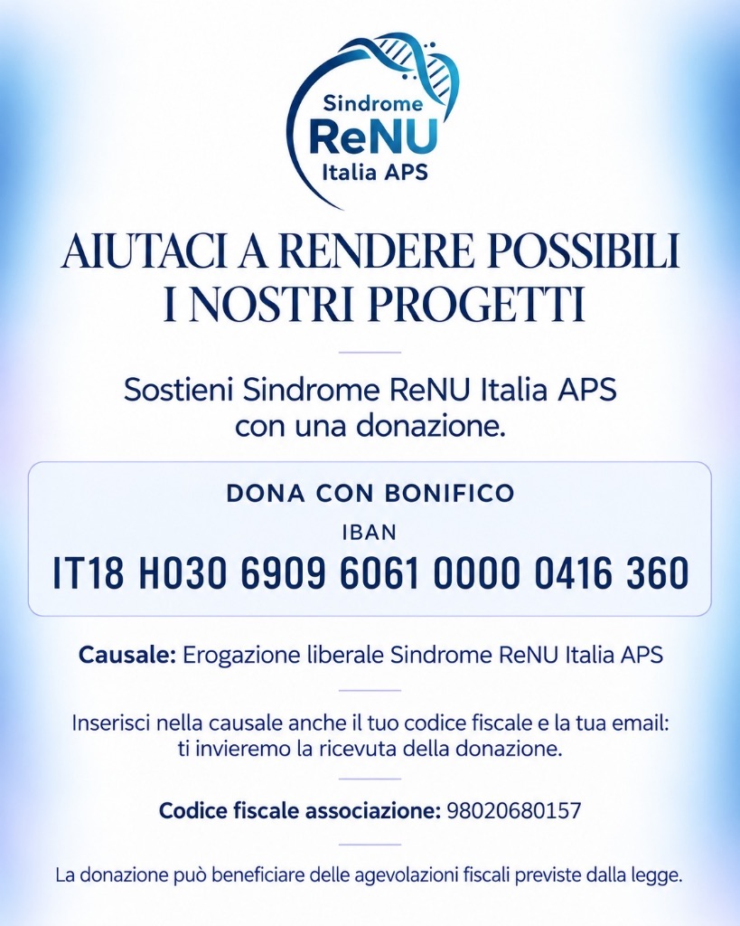 Locandina donazioni – Sindrome ReNU Italia APS: IBAN IT18H0306909606100000416360